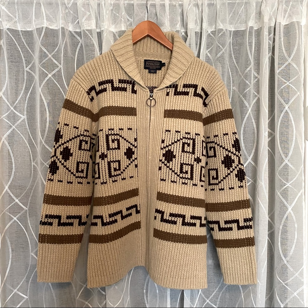 Pendleton Beige Tan Brown Patterned Zip-Front Sweater